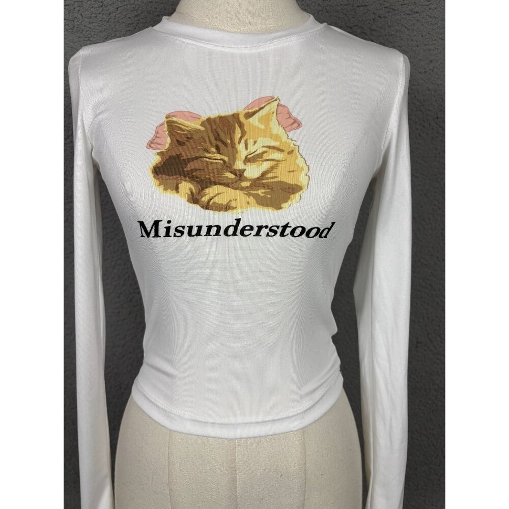 Just Polly Juniors' Long Sleeve Top Misunderstood Cat Graphic White Size XS NWTs